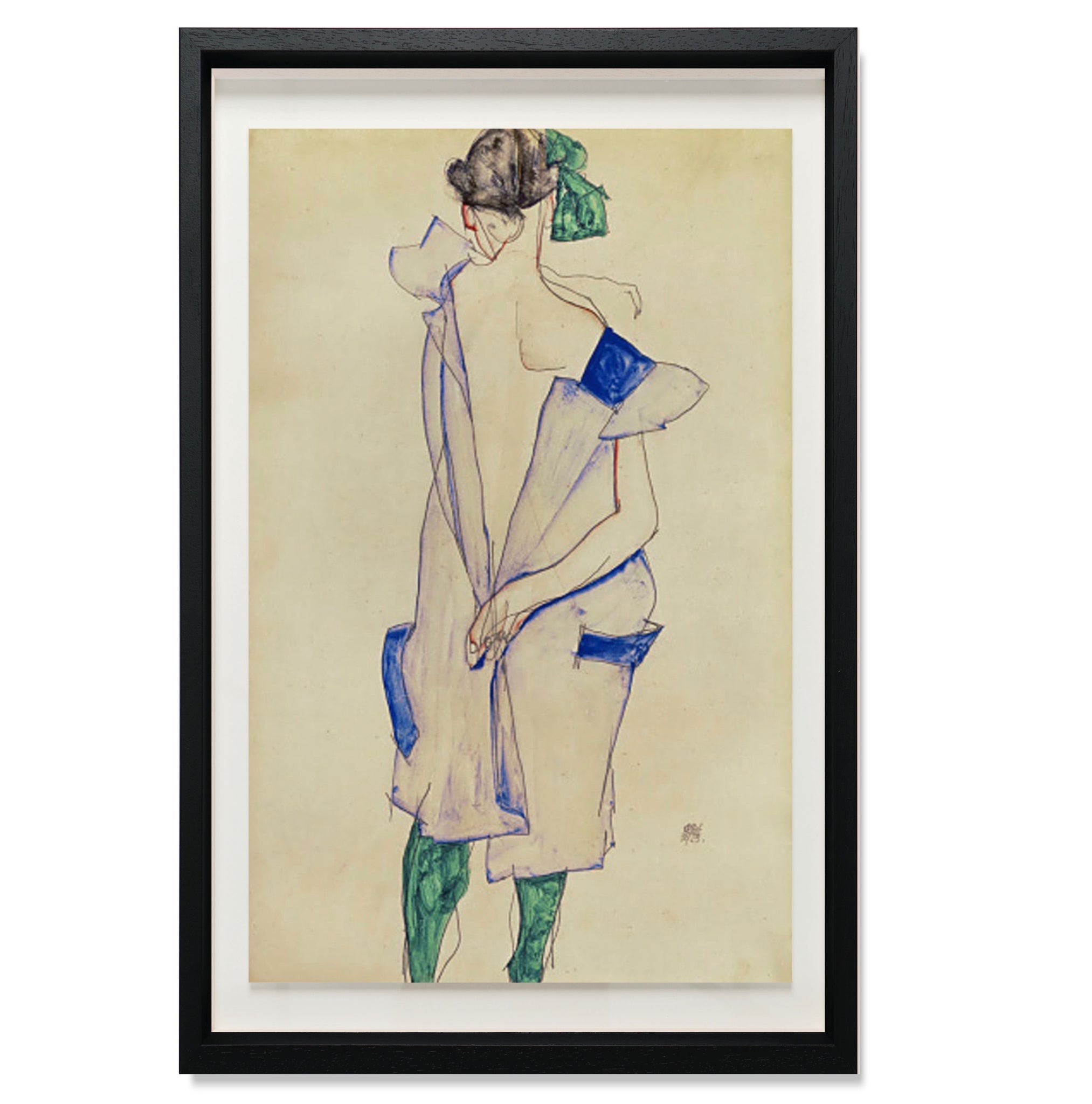 Standing girl in blue dress and green stockings, back view, 1913